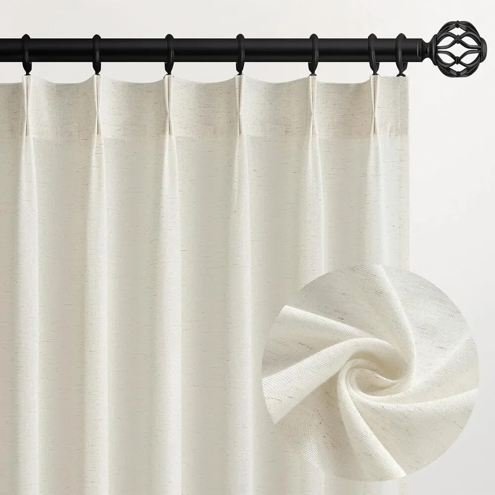 Pinch Pleated Curtains 40x90 Natural Cream Semi Sheer Linen Look 2 Panels